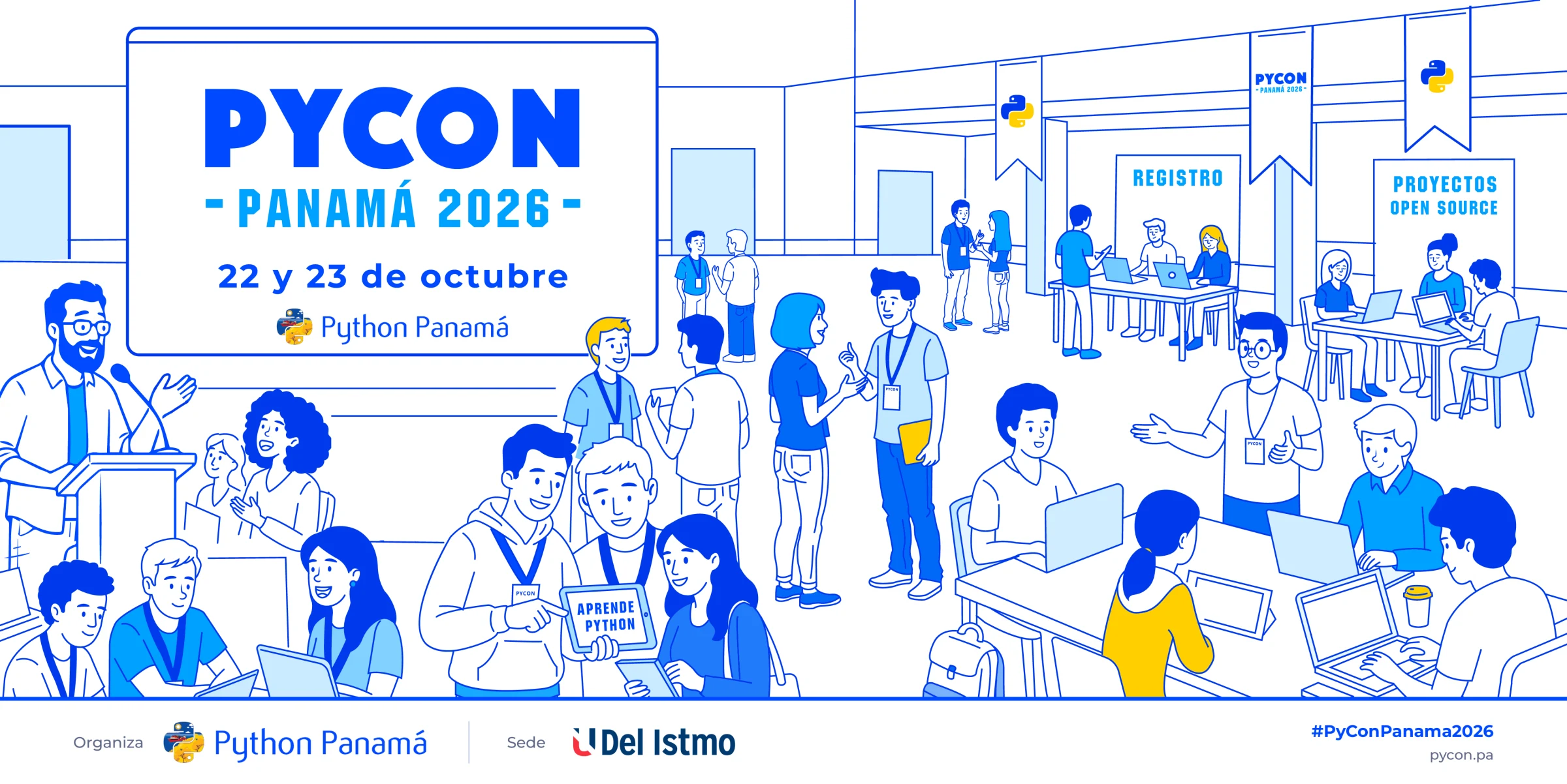 Banner oficial de PyCon Panamá 2026: 22 y 23 de octubre, organizada por Python Panamá, con sede en la Universidad del Istmo.